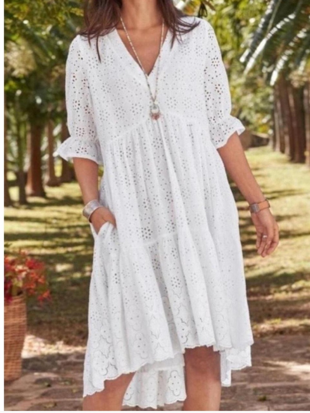 Sundance White Eyelet Cotton Tiered Midi Dress Boho Cottagecore M